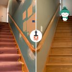 two pictures of a stair case and a picture of a penguin on the wall.