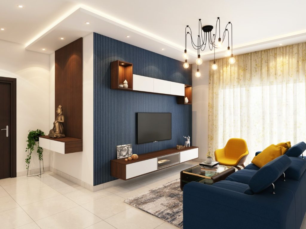 A modern living room featuring blue and yellow accents, perfect for interior painting ideas.