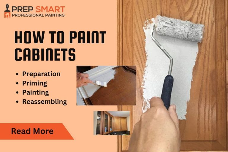 Prep Smart Painting branded graphic showing hands rolling white paint onto wood cabinet doors with step by step refinishing tips