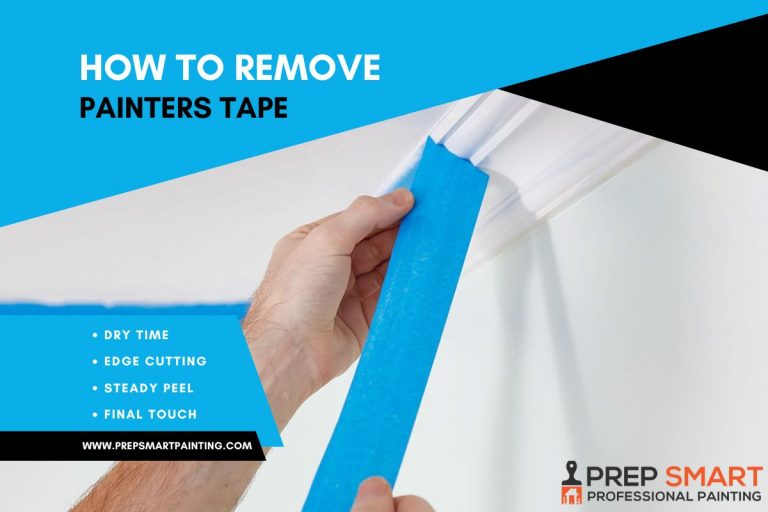 Prep Smart Painting guide graphic showing a hand stripping blue masking tape from white interior trim with four-step removal checklist