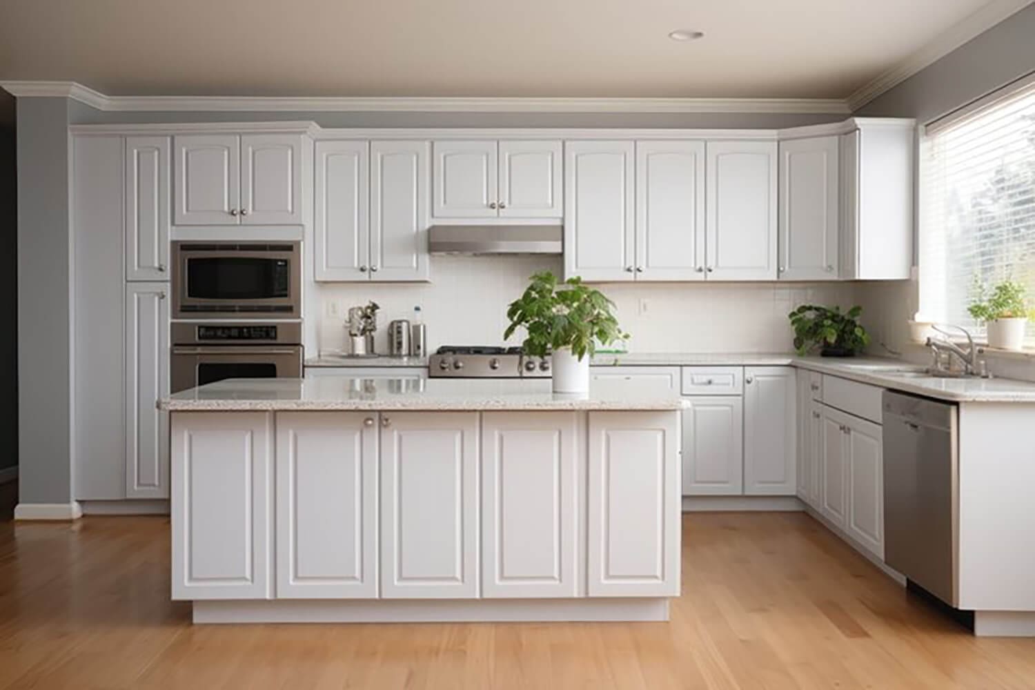 Bright white kitchen with updated cabinetry, showing an example used when deciding should you refinish or replace kitchen cabinets.