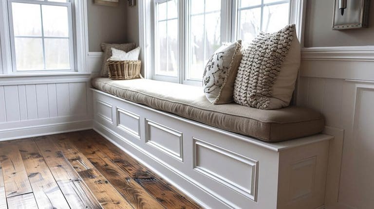 White interior trim with clean panel detailing under a window seat, showing what interior trim styles are most popular in Cranston homes today