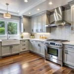 Modern kitchen with soft gray cabinets and stainless steel appliances illustrating painting vs replacing kitchen cabinets options