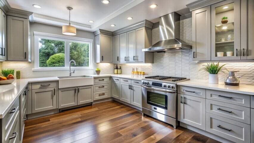Modern kitchen with soft gray cabinets and stainless steel appliances illustrating painting vs replacing kitchen cabinets options