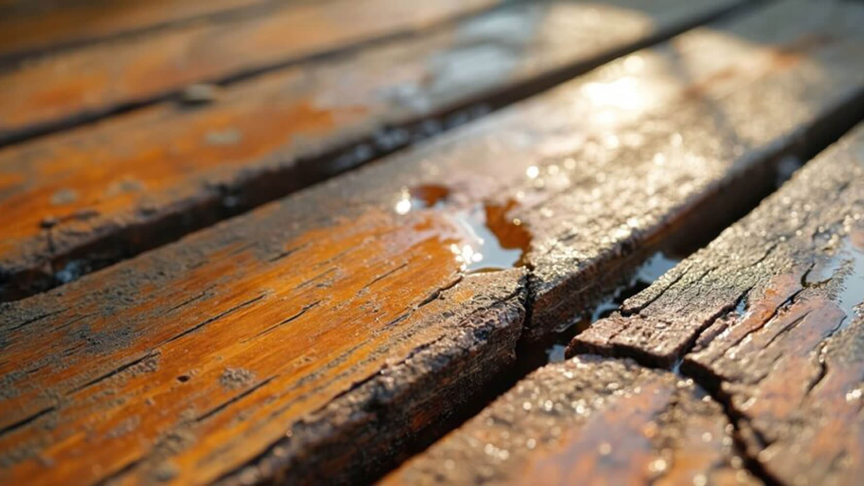 Close-up of cracked and weathered wood deck boards in direct sunlight showing how to protect a deck from sun damage before UV exposure causes further deterioration