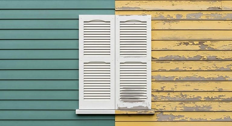 House exterior siding showing heavy peeling and flaking paint alongside fresh paint, illustrating the signs it's time to repaint your exterior in Cranston